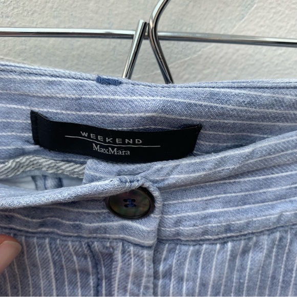 Maxmara Weekend Ladies Size 10 100% Linen Trousers  Blue White Pinstripe - Picture 3 of 9